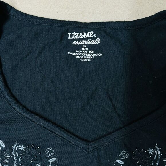 LIZ & ME CATHERINES Black Beaded Embroidered Shirt 3/4 Sleeve Plus Size 26/28 - Picture 3 of 7